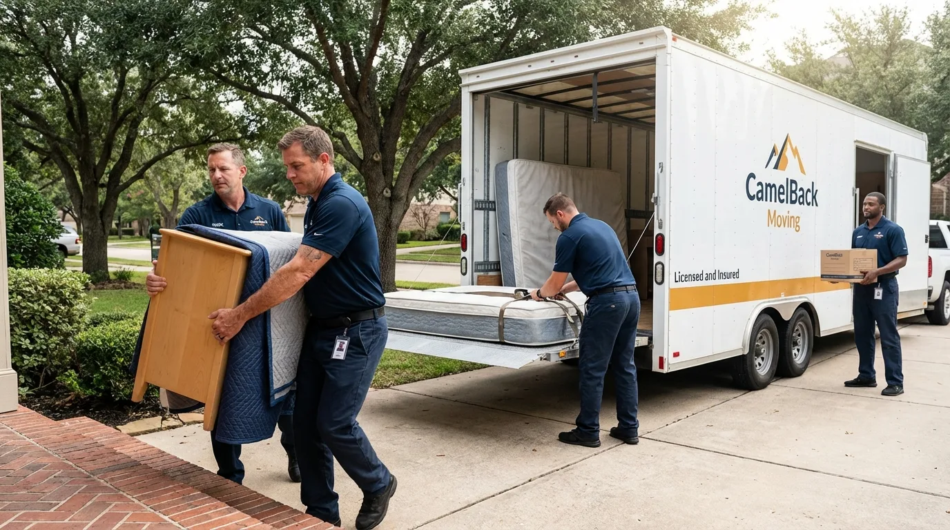 Crew loading residential truck for cross-state move from Mora, MN