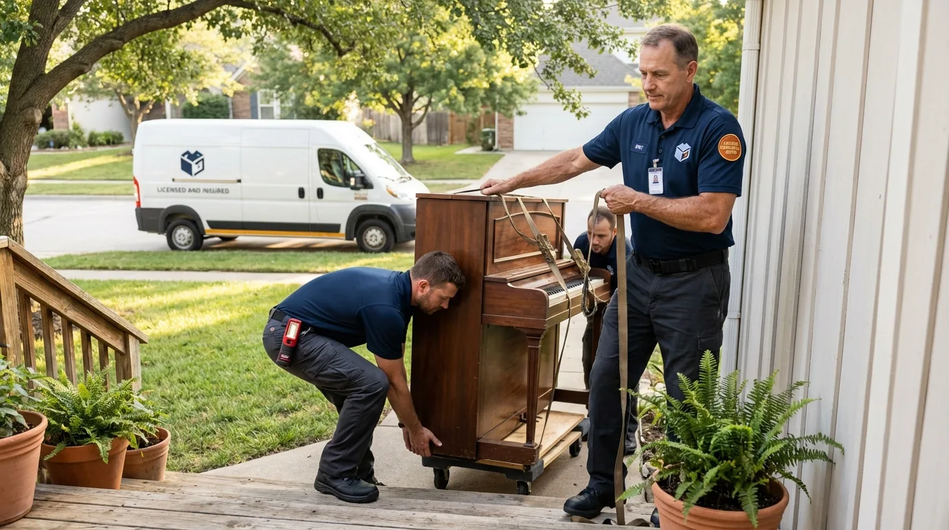 Licensed piano movers securing grand piano in Mora, MN