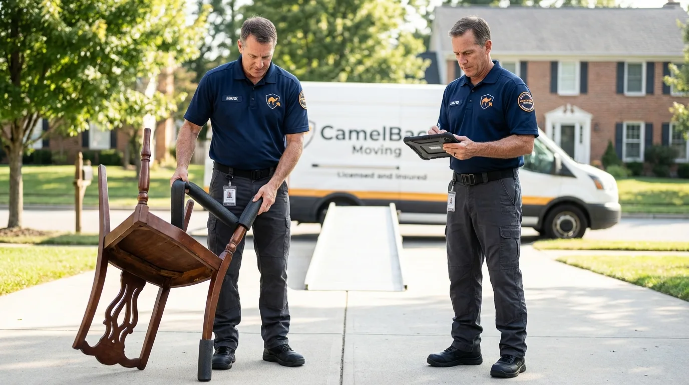 Movers inspecting furniture for damage prevention before loading in Mora, MN