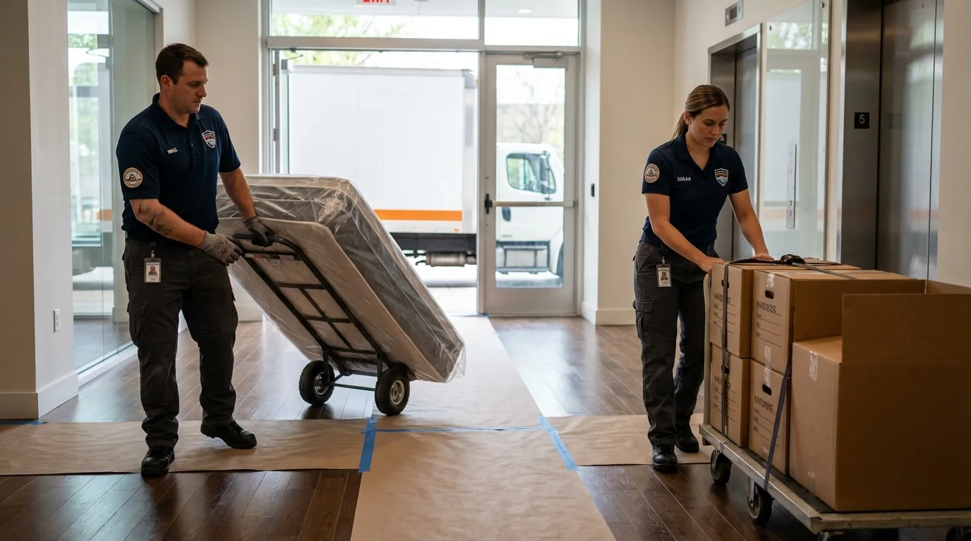 Professional apartment movers loading elevator in Mora, MN